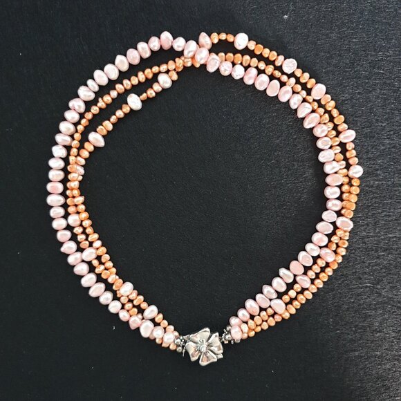 Vintage Sterling Silver 3-Strand Pink & Orange Pearl Necklace with Flower Clasp - Picture 7 of 14